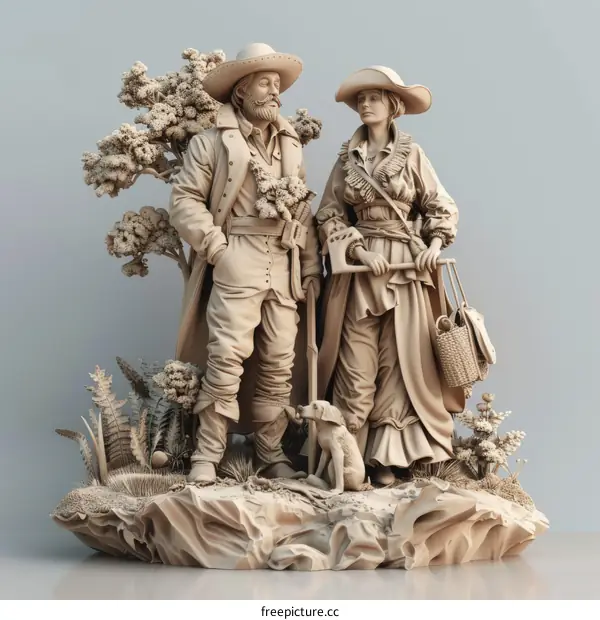 A man and a woman in period clothing standing next to each other with a dog