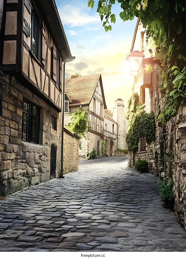 Cobblestone Street in Historic European Town
