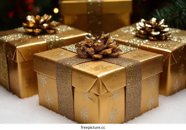Golden Gift Boxes Festive Holiday Decor