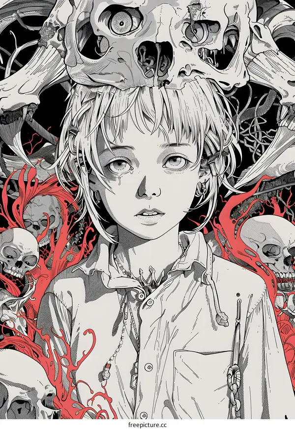 A girl with a skull on her head