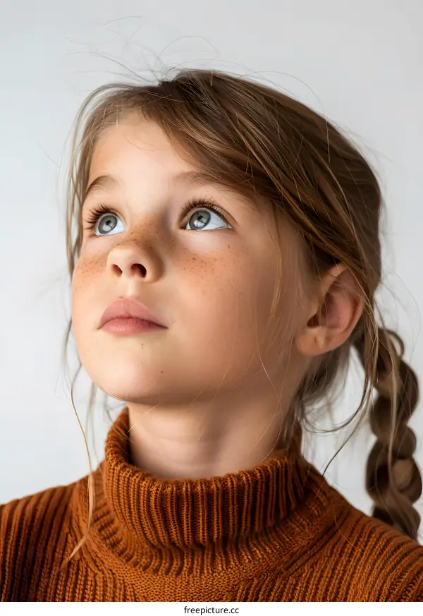 Portrait of a girl with freckles looking up
