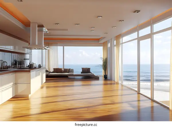 Modern Kitchen and Living Room with Ocean View