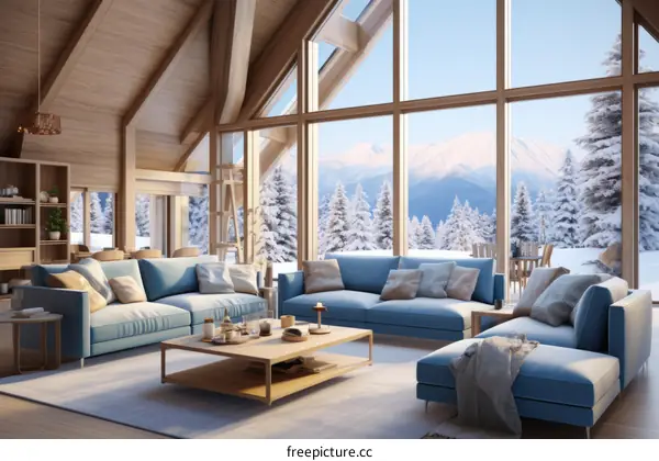 Modern mountain house interior living room with large windows and blue sofa