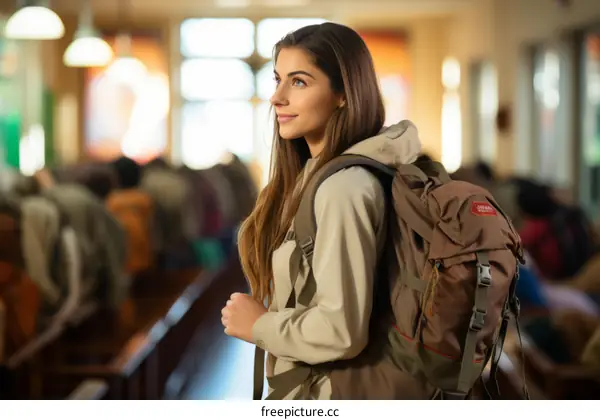 Young Woman with Backpack at a Train Station
