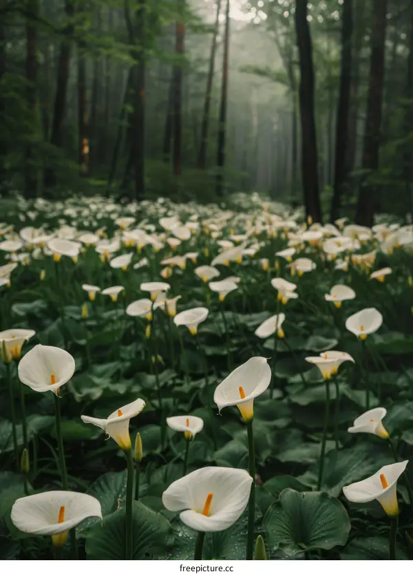 Calla Lily Blossoms in a Misty Forest