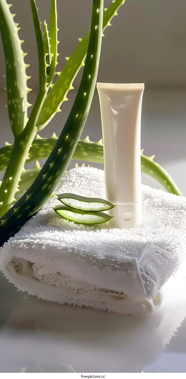 Aloe Vera Plant And Tube Of Cream On A White Towel