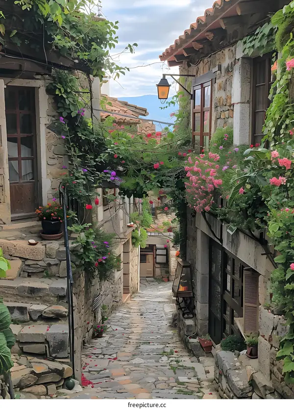 A narrow alley with stone houses and flowers
