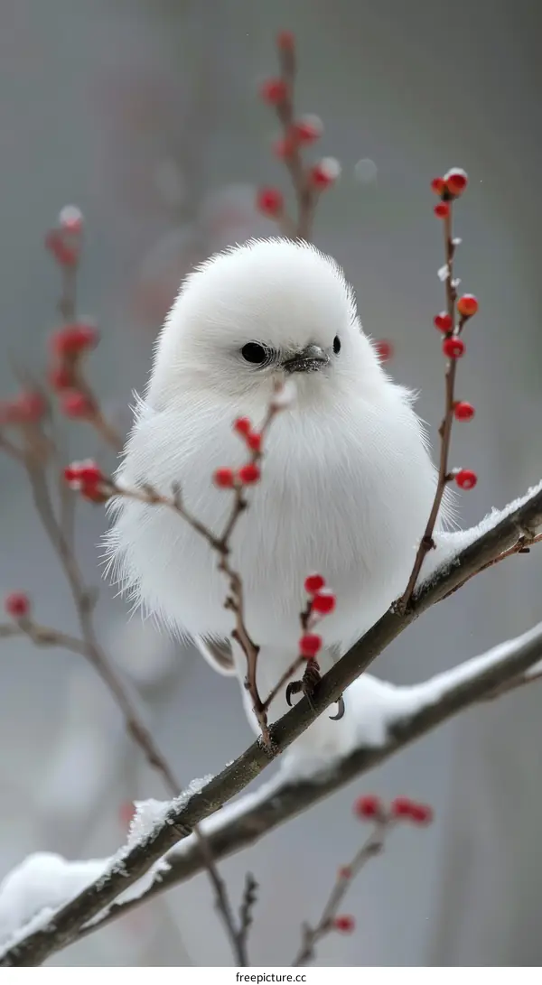 A Small White Bird Perched on a Snowy Branch