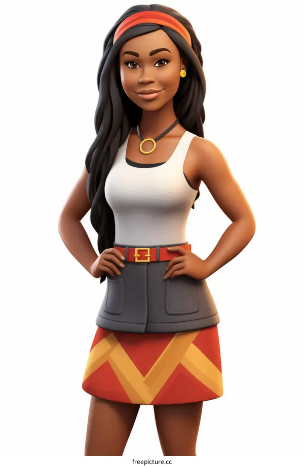 Black woman in white tank top and gray skirt adorned with geometric patterns