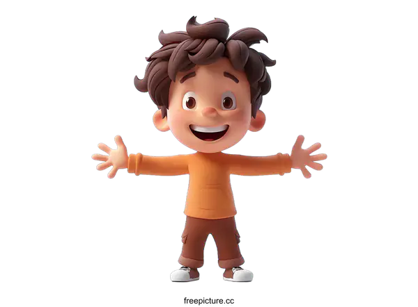 [Transparent Background PNG]A 3D illustration of a happy boy with brown hair and brown eyes, wearing an orange shirt and brown pants, with his arms outstretched.