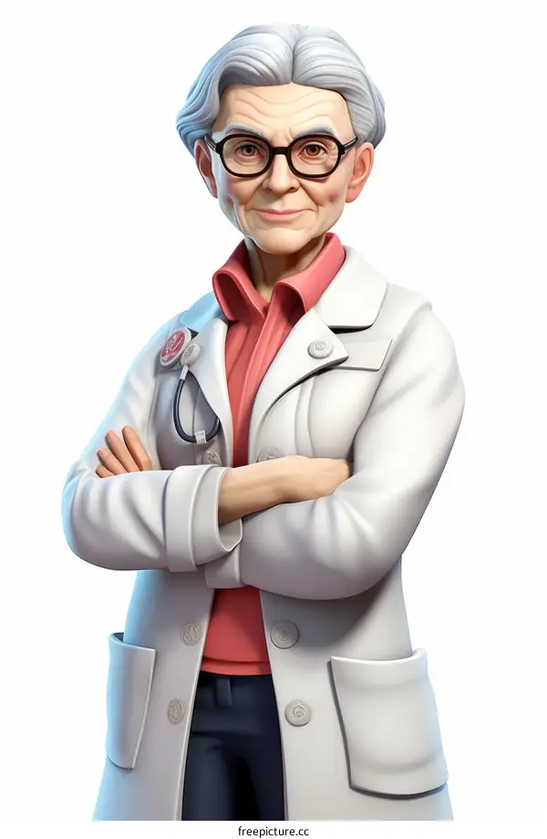 A grandmotherly woman wearing a lab coat and stethoscope