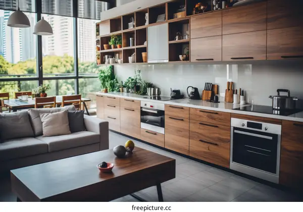 Modern Kitchen with Wood Cabinets and Stainless Steel Appliances