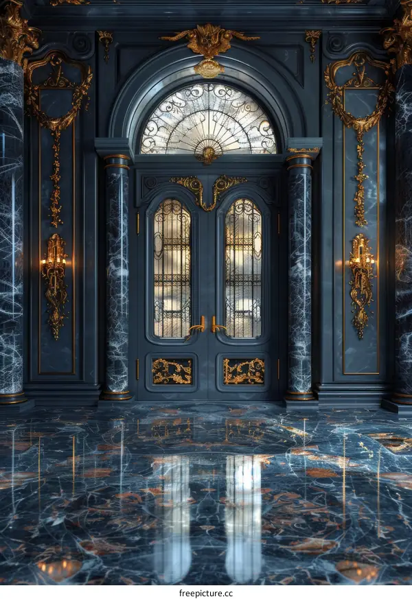Grand Ornate Door with Marble Columns and Golden Accents