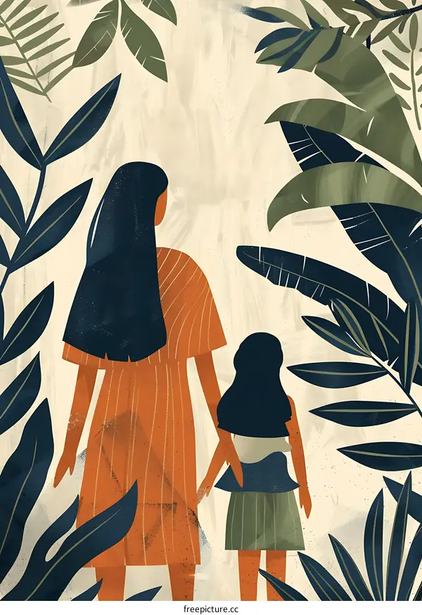 Mother and Daughter Walking Through a Tropical Forest