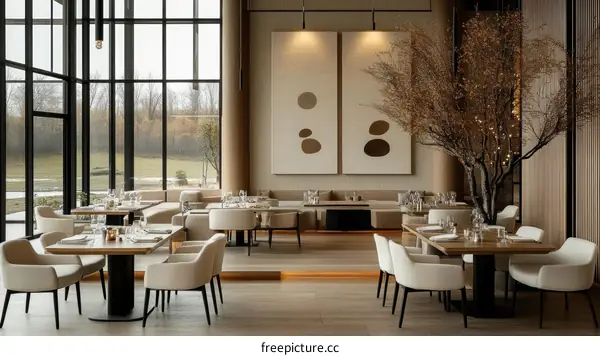 Modern Restaurant Interior with Large Windows
