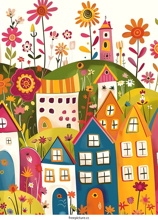 Colorful Houses with Flowers and a Clock Tower in a Green Field