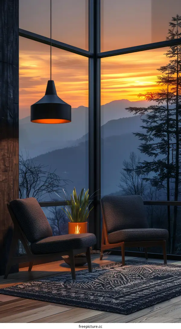 Two armchairs in a modern living room with a view of the mountains