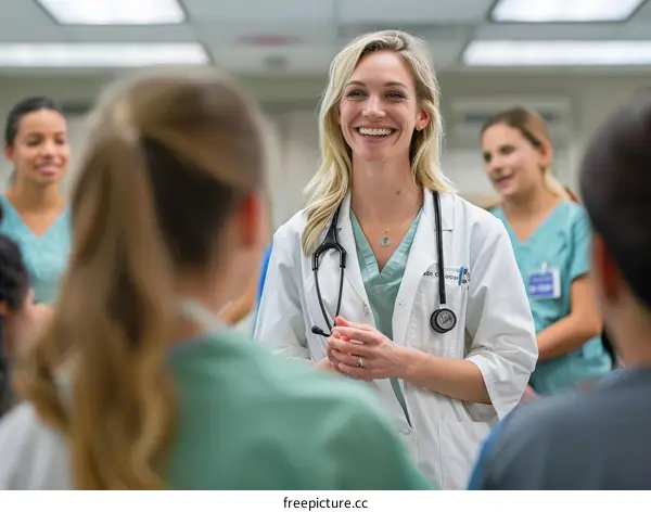 Confident female doctor talking to a group of people