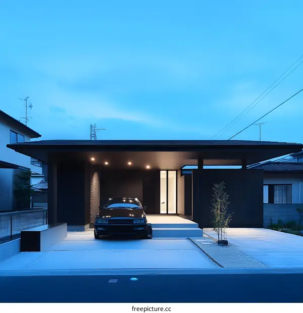 Modern Minimalist House with Car in Driveway Under Night Sky