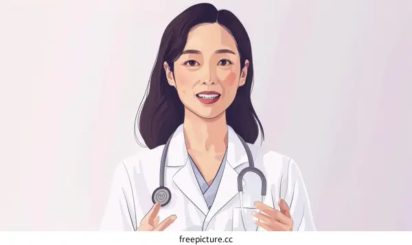 Asian female doctor in white coat smiling