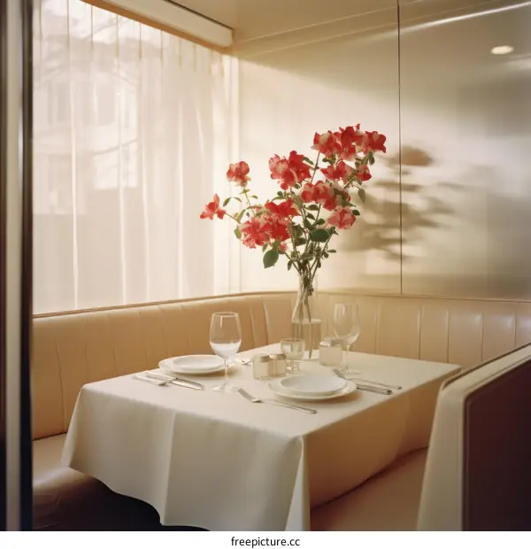 Modern Empty Restaurant Booth with Vase of Flowers