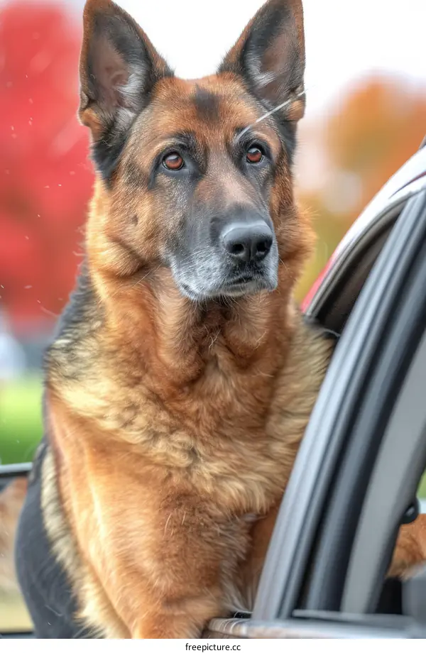 German Shepherd Looking Out of Car Window