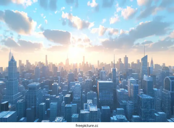 Metropolis with Towering Skyscrapers and Setting Sun