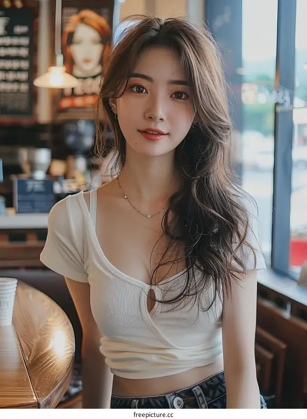An Asian Woman with Long Hair and Brown Eyes Is Sitting in a Cafe