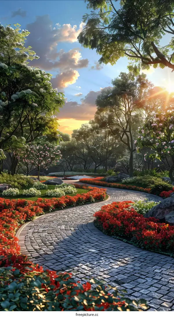 Vibrant Park with Stone Path and Colorful Flowers
