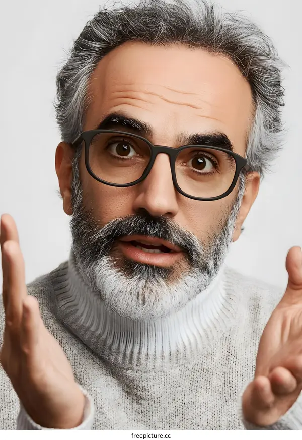 Portrait of a Surprised Middle Aged Man With Grey Hair and a Beard Wearing Glasses