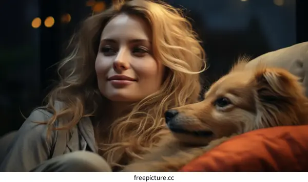 A blonde woman is sitting on a couch with a brown dog