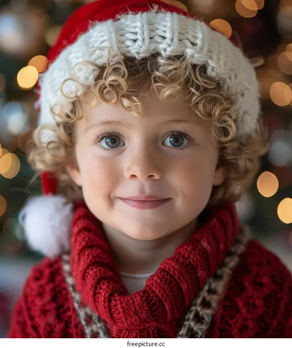 Little boy with curly blond hair wearing a red Santa hat smiles at the camera