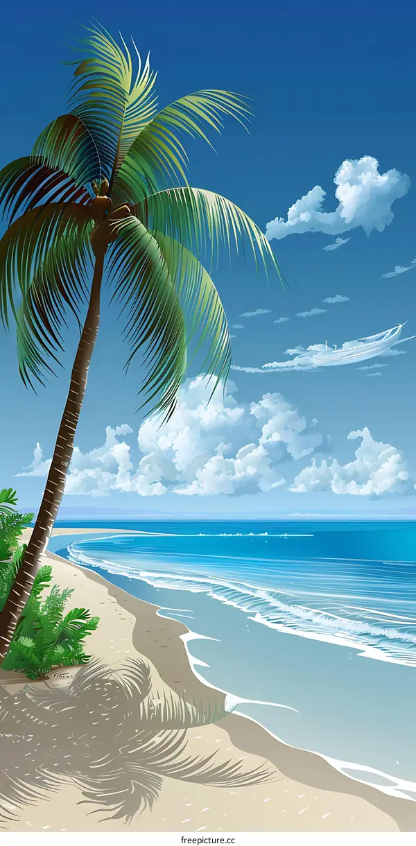Tropical Beach Illustration With Palm Tree and Blue Sky