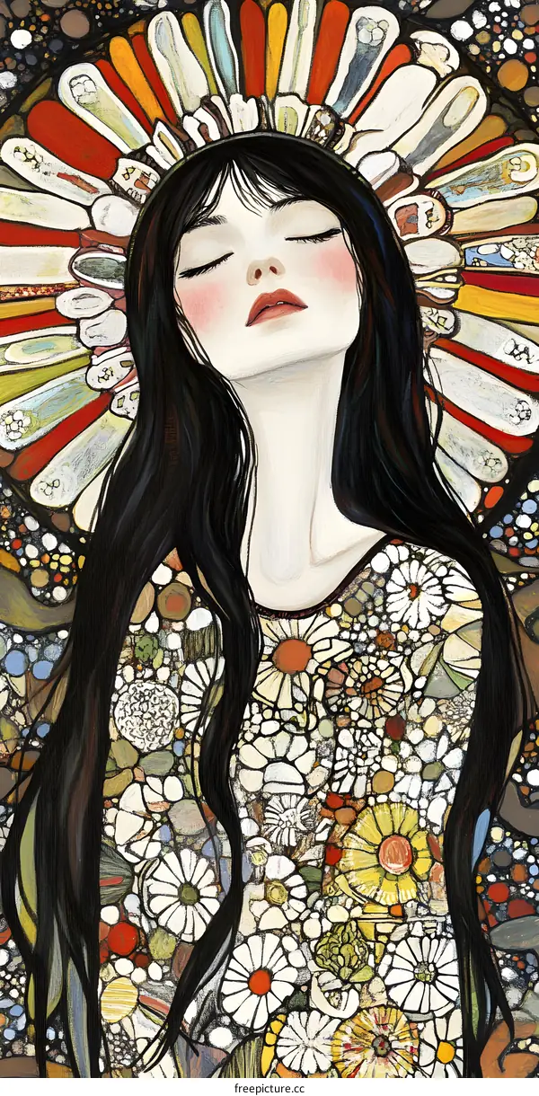 Woman with Flowers and Colorful Crown Illustration