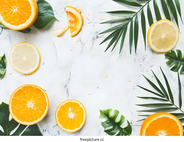 Fresh Tropical Fruit on White Marble Background