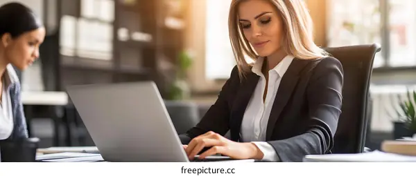 Business Woman Working on Laptop in Modern Office