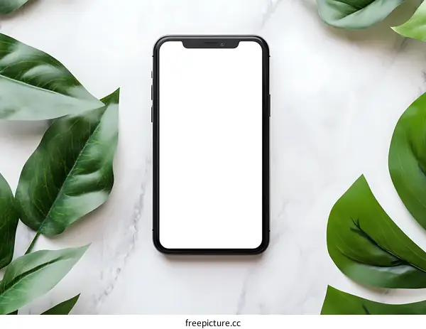 Black Smartphone Mockup with Green Leaves on Marble Background