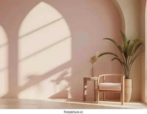 Minimalist Living Room with Pink Wall and Arched Window