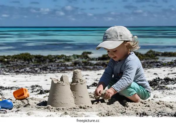 Toddler Building Sandcastle on Beach with Blue Ocean in Background