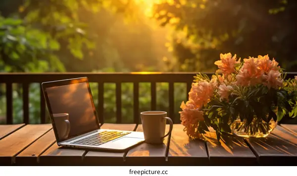 Laptop and coffee on a wooden table in the morning sun