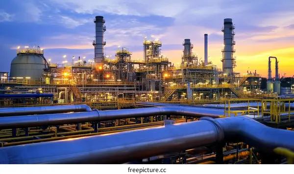 Industrial Oil Refinery Plant at Dusk