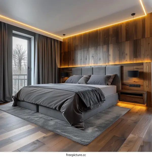 cozy bedroom design with wood wall paneling and gray bedding