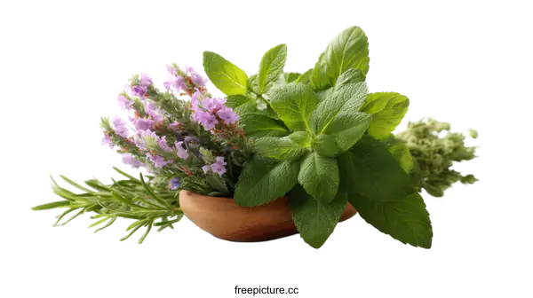 [Transparent Background PNG]Assortment of Fresh Herbs and Flowers in Wooden Bowl