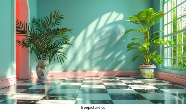 Modern Archway Corridor with Indoor Plants and Natural Light