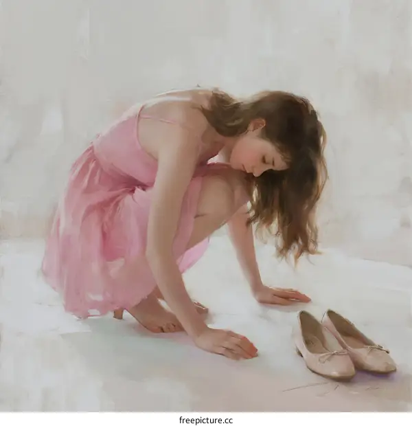 Young girl in pink dress squatting near ballet shoes