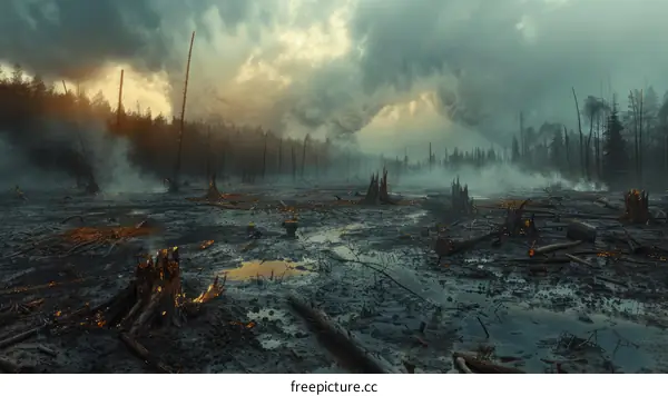 Post-apocalyptic landscape with dead trees and burned forest
