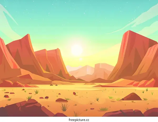 Desert Landscape with Canyon Mountains and Sun
