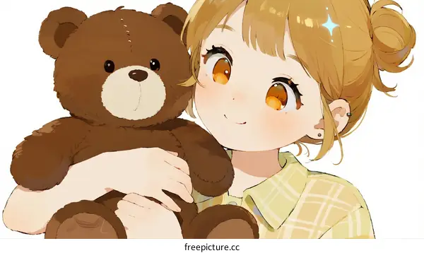 A Young Girl Hugging a Brown Teddy Bear in Casual Clothes