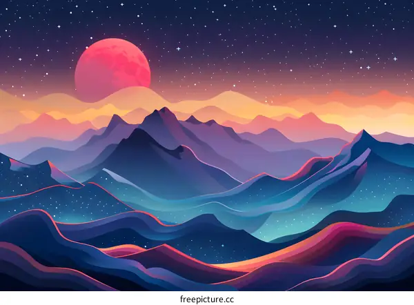 vibrant colors of mountain landscape under starry night sky