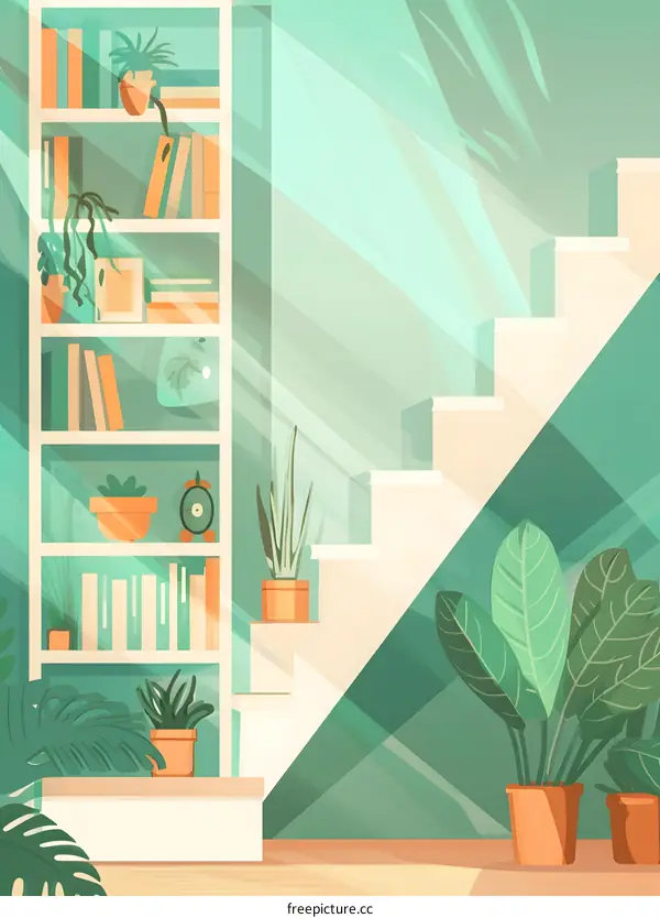 Green Room Interior Design with Bookshelf and Stairs